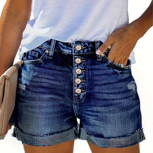 TEMU Stretch-Denim-Shorts für Damen mit Rollsaum und Knopfleiste vorne - Lässiger Stil, Maschinenwaschbar, Hohe Elastizität, Nicht Durchsichtig, Sommerkleidung