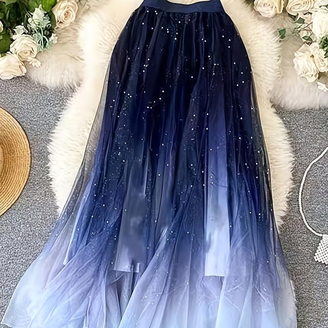 TEMU Plus Size - Plus Size - Plus Size Women's Mid-length Gradient Print A-line Dress, Mesh Skirt, Suitable For Formal Weddings, Parties, And Valentine's Day Wear