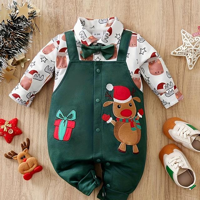 TEMU Newborn Baby Cute Cartoon Animal Christmas Reindeer Fake Suspenders Embroidered Full-print Spring/autumn Long Sleeve Bodysuit, Perfect For Outdoor