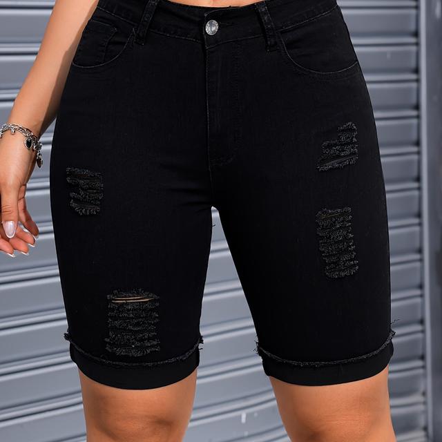 TEMU Stretch Denim Riding Pants With Frayed Hem, Solid Color, Blend - Machine Washable