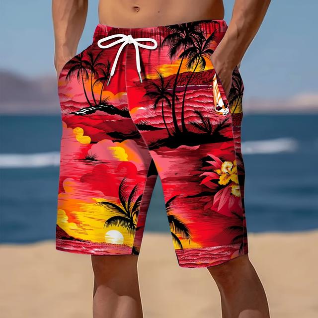 TEMU Men's Beach Shorts With Palm Tree Pattern, Plus Size