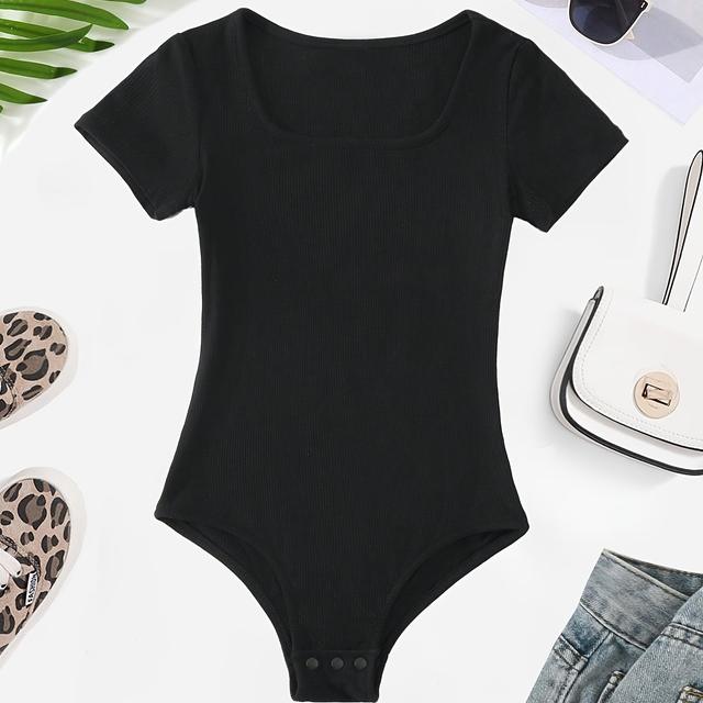 TEMU Girls' Solid Color Low Round Neck T-shirt Bodysuit, Summer Simple And Stylish Jumpsuit, Comfortable, Breathable, Skin-friendly Casual Pants, Perfect For Outdoor