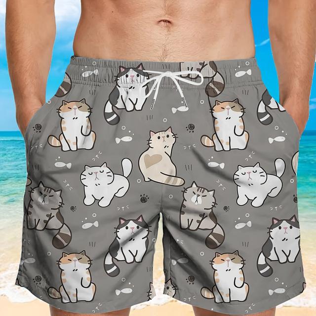TEMU Модні чоловічі пляжні шорти з кишенями та шнурком, швидковисихаючі, з принтом для плавання