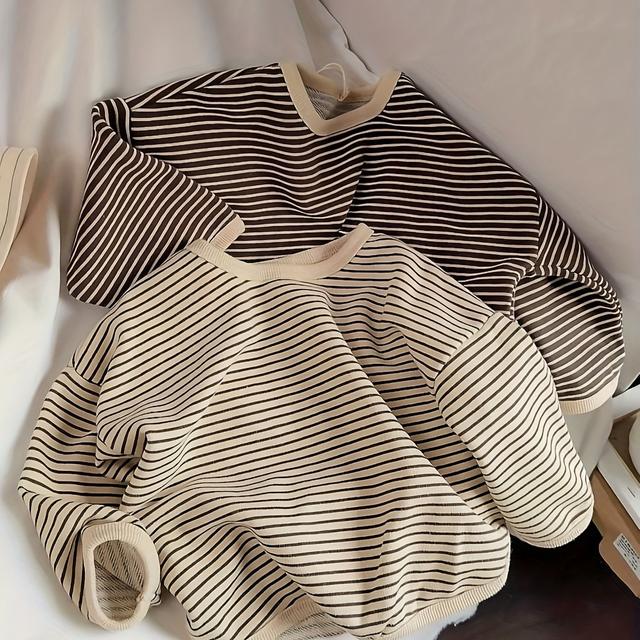 TEMU 2 Stück Jungen Langarm-Shirts – Weiches Stretchmaterial, Gestreiftes Design, Atmungsaktive Polyester-Spandex-Mischung, Rundhalsausschnitt, Ganzjahres- für lässige Kleidung