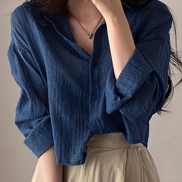 TEMU Summer Women's New Dark Blue Long Sleeve Pleated Air-conditioned Shirt, Lightweight And Versatile Top