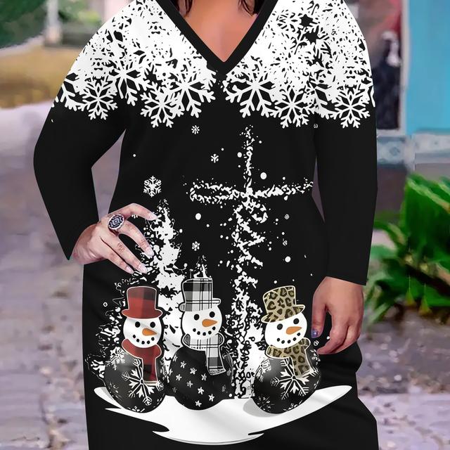 TEMU Robe Femme Grande Taille à Col en V avec Imprimé 3D - Manches Longues Ajustée, Adaptée à Toutes les , Lavable en Machine, pour les Fêtes, et ( Col)