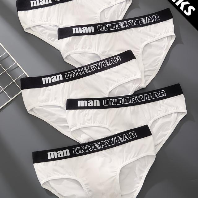 TEMU 5pcs Men' Color Brief Underwear - White With Lettered Belt, Breathable Comfortable Casual Attire, Non- Full Coverage Casual & Lingerie, Pack For Mature Men (5) - Essential
