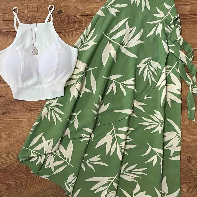 TEMU Elegant Green Leaf Print Sleeveless Dress And Lace-up Waistcoat Set, Polyester, Women's Spring/summer Outfit