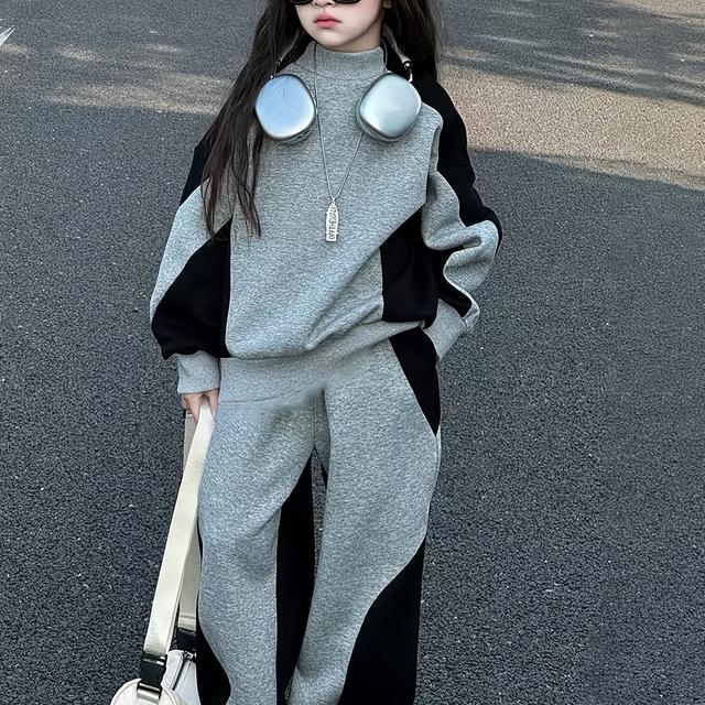 TEMU 女の子用ツーピースセット、カジュアルで快適なスポーツウェア、大きめサイズ向け、なグレー＆ブラックのカラーブロックデザイン、カラーブロック長袖スウェットシャツとマッチングワイドレッグパンツ付き、アウトドアに最適