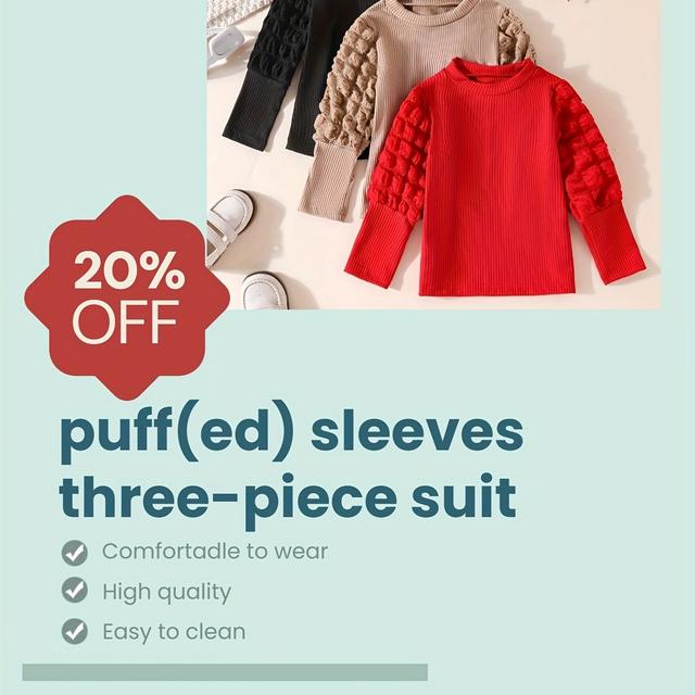 TEMU 3pcs Set Of European And American Girls' Bubble Sleeve Undershirts, Spring And Autumn Style, Fashionable And Casual Tops For Girls, Combination Set