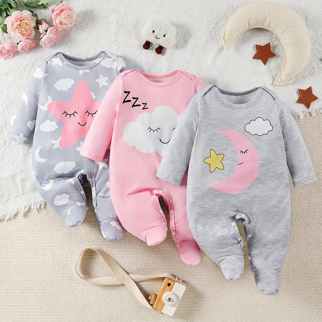 TEMU Cloud Print Footed Romper Three-piece Set, Perfect For Outdoor
