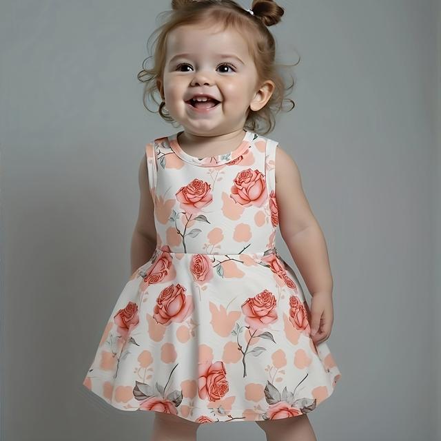 TEMU Vestido Casual Sem com Estampa Floral e Redonda para Bebê e Menina - Estilo Verão