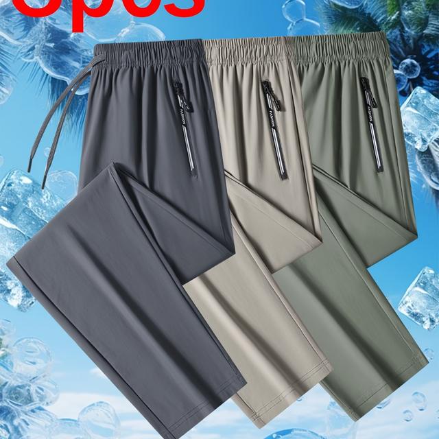 TEMU 3-delige herenbroek, nieuwe modieuze trend, losvallende broek van ijszijdezachte vezelstof, geschikt voor zomerkleding, ademend en verkoelend, meerdere kleuren