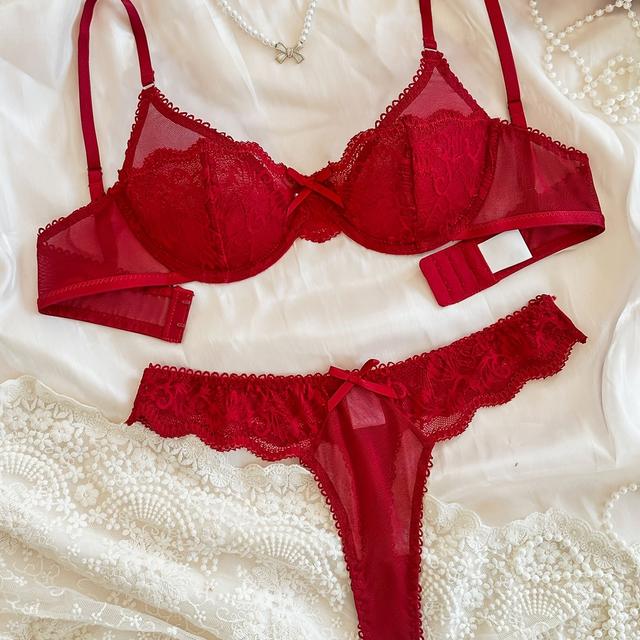 TEMU Damen-Dessous & Unterwäsche, Netz-Spitze, verführerischer ausgefallener Spitzen-BH mit doppelter Lagenstruktur Bügel, brasilianische String-Slip, 2025 Valentinstag für verführerische, Frauen