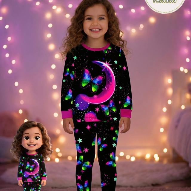 TEMU Girls' Starry Night Print Pajama Set - Cozy Long Sleeve & Pants, Stretchy Knit Fabric, Machine Washable Uv Light