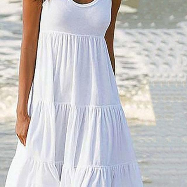 TEMU Plus Size - Women's Elegant Summer Beach Dress - Sleeveless Round Neck Solid Color Casual Dress With Strap Detail, Lightweight Polyester Fabric For Beach & Poolside Wear, Beach Dresses