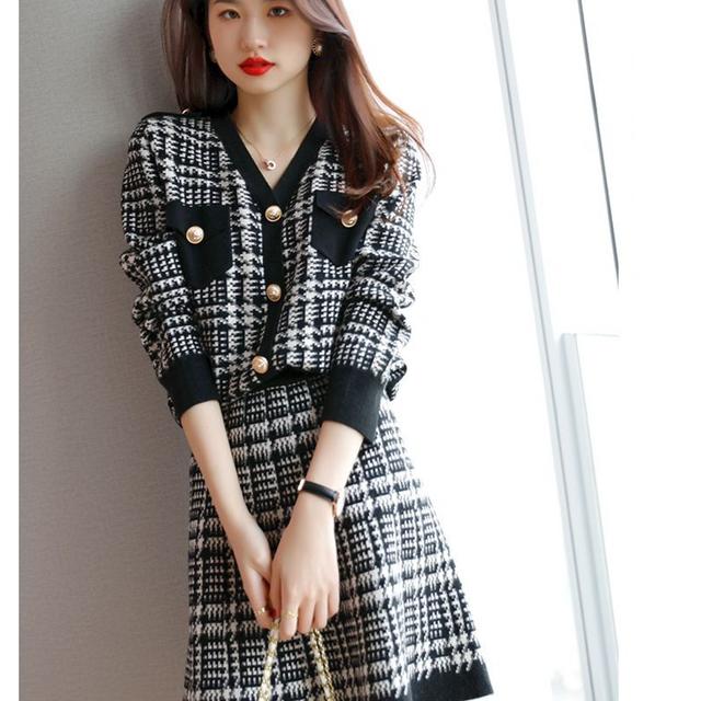 TEMU 秋冬新作 レディース プルオーバー Vネック ハウンドトゥース柄 長袖 ハイウエスト ミニスカート 2点セット おしゃれコーデ