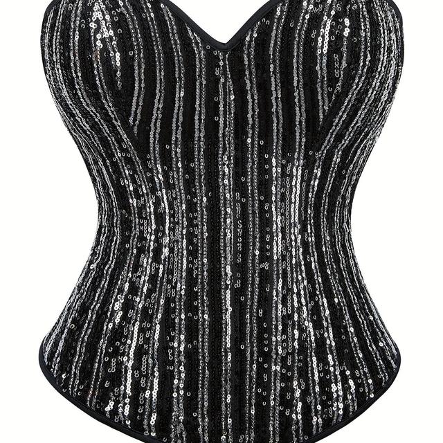 TEMU A Silvery And Black Sequined Corset With A Zipper, Perfect For A Halloween Masquerade Ball, Featuring A Strapless Design