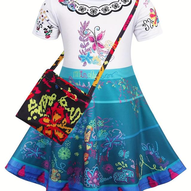 TEMU Adorable Girls' Princess Dress With Geometric Patterns - Christmas, Halloween & Birthday Parties - Polyester, Round Neck, Non-transparent, Princess Dresses For Girls, Conventional Version,