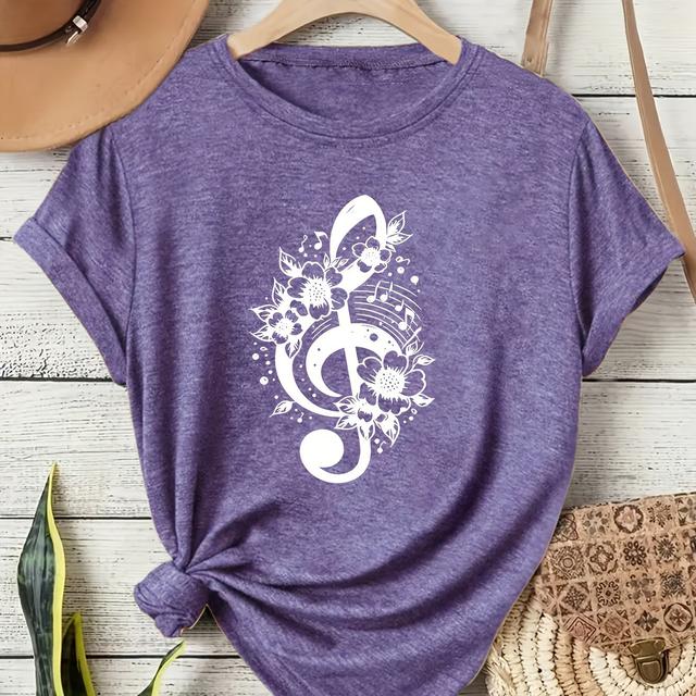 TEMU เสื้อยืดพิมพ์ลายโน้ตดนตรีดอกไม้สไตล์แคชวลสำหรับผู้หญิง - คอกลมยืดหยุ่นนุ่ม แขนสั้น ใส่สบายทุกฤดู, เสื้อผ้ากีฬาที่สามารถซักเครื่องได้