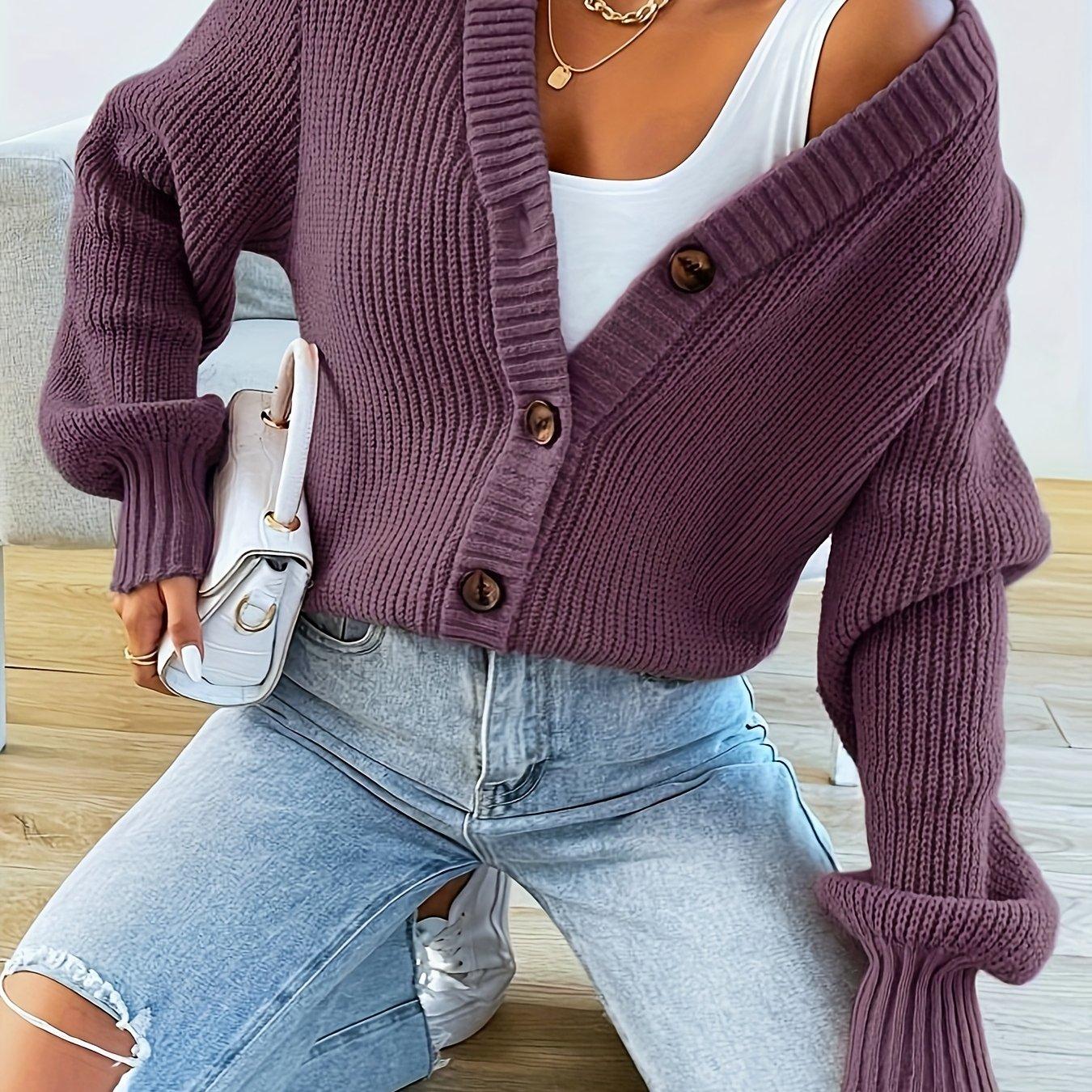 TEMU Autumn/winter Solid Color V-neck Cardigan, Casual Single-breasted Sweater, Versatile Long-sleeve Coat