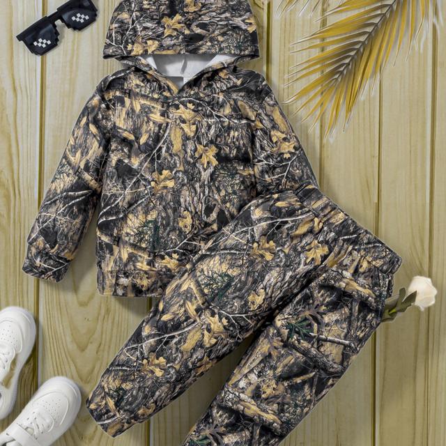 TEMU Długa bluza z kapturem w stylu vintage z nadrukiem liści i pasujące spodnie z dwoma kieszeniami dla chłopców, idealna na zewnątrz