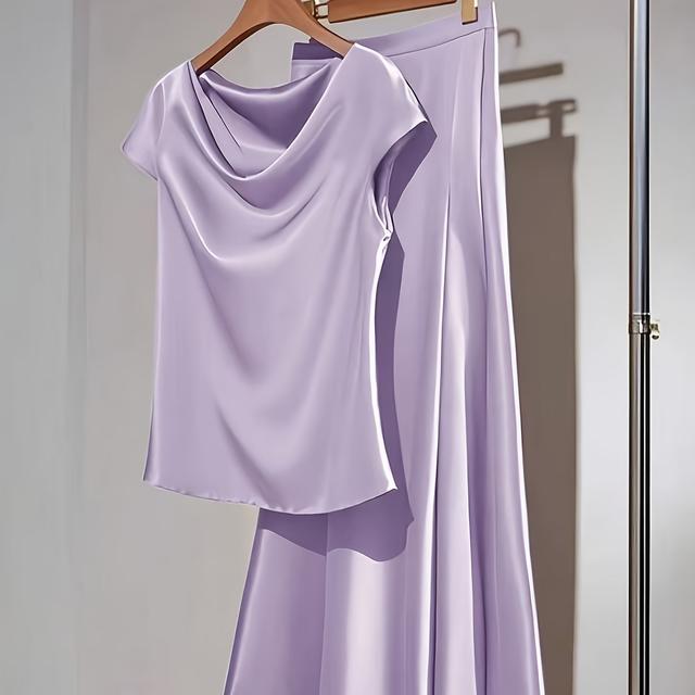 TEMU Elegant Women' Color Pleated Neck Top And Skirt Set, 2pcs - Chic Polyester, Long Sleeve, Round Neck, Pleated Skirt, Spring/fall, Casual Attire|chic Outfit|polyester Fabric