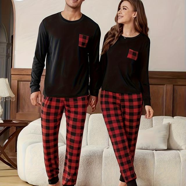 TEMU [HOMBRE/MUJER] Conjunto de para otoño e invierno estilo pareja, pijama de manga larga y pantalones largos para hombre o mujer, conjunto de top a cuadros con bolsillos y pantalones a cuadros, y
