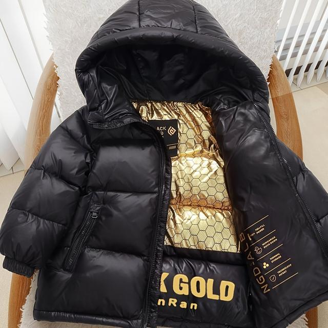 TEMU Girls' Black & Golden Hooded Jacket With Honeycomb Pattern - Thickened Winter Coat 3-12, Zipper Front, Polyester-filled Lining, Casual Warm Outerwear