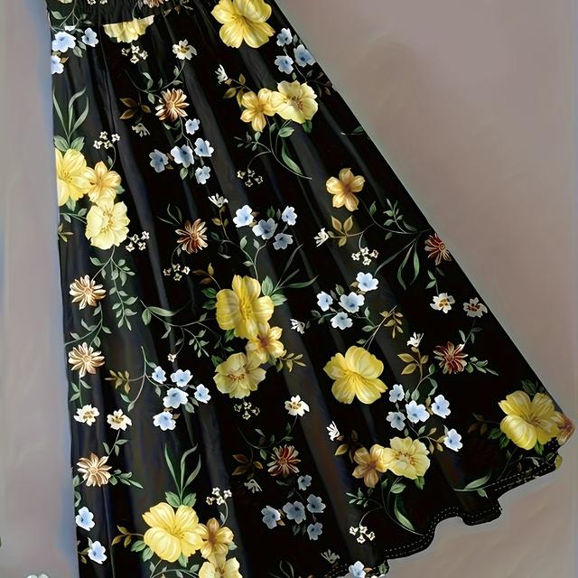 TEMU Print Skirt - Stretchy, Machine Washable, Mid-calf A-line For Women