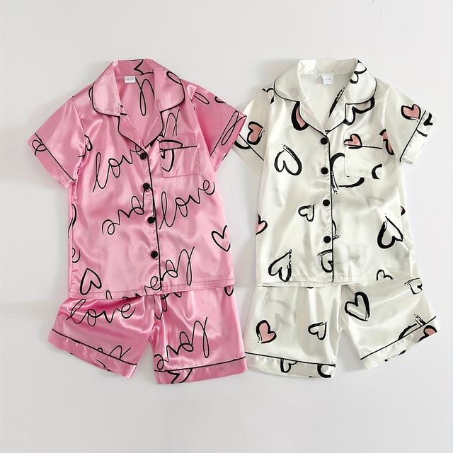 TEMU 2pcs Kids' Heart Print Pajama Set - Short Sleeve & Shorts Pajamas With Collar & Button Closure, Spring Summer Sleepwear For & ( To Teen) - Soft Breathable 2pcs Bedtime Outfit