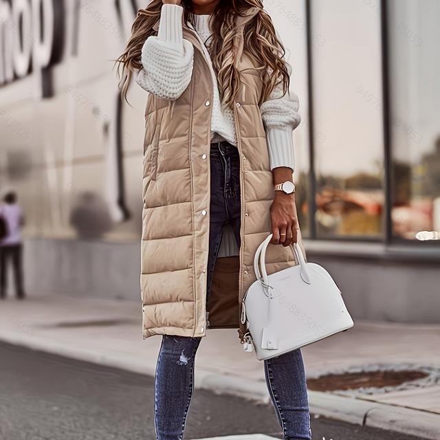 TEMU Solid Color Single-breasted Long Padded Hooded Coat, Slim Fit Elegant Cardigan, Warm Pocket Vest