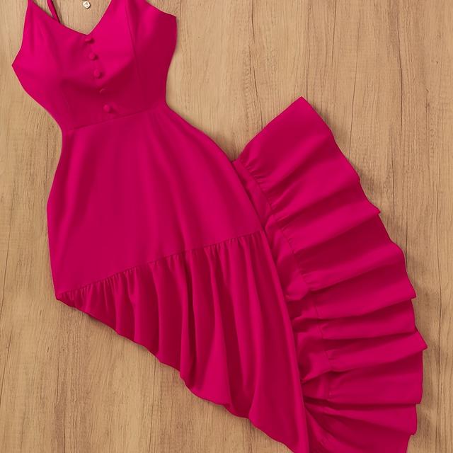 TEMU فستان فوشيا بدون أكمام للنساء مع ياقة على شكل حرف V وتفاصيل مجعدة - مثالي لقضاء العطلات والملابس العارضة، ملابس عارضة|فستان عطلة| مجعدة