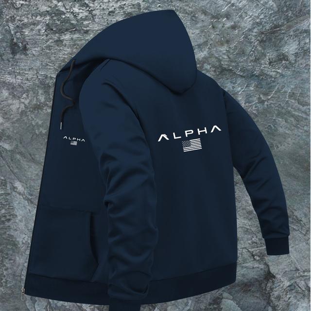 TEMU Herren Casual Zip-Up Kapuzenjacke mit ALPHA American Flag Print, Regular Fit, Maschinenwaschbarer Polyester, Fronttaschen & Verstellbare Kapuze für Freizeitkleidung, Langlebige Outdoor-Bekleidung