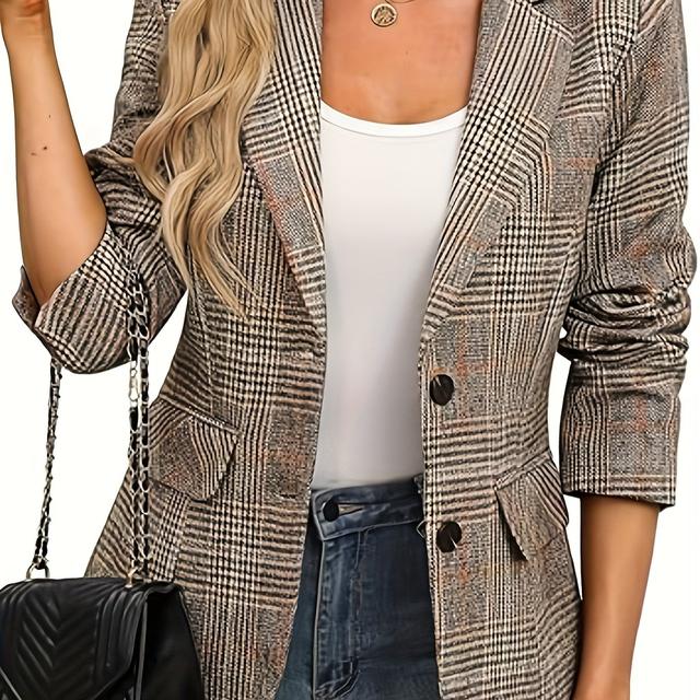 TEMU Blazer élégant et stylé pour femmes, coupe ajustée, motif à carreaux décontracté et boutons simple boutonnage