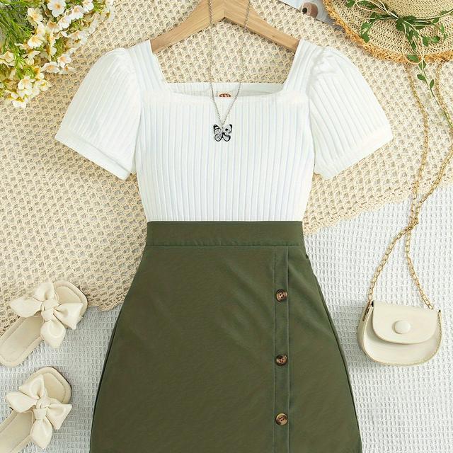 TEMU Summer Casual Outing Square Neck Lantern Sleeve Solid Color Top And Button Decor Skirt Two-piece Set For Girls