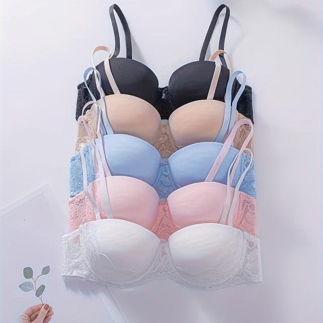 TEMU 5pcs Lace Push-up Bra, Push Up Sports Bras For Women, Under Wire Bras For Women Push Up Heavy Padding, Bra With Removable Straps, No Underwear Bra Clip Front, Thin Push Up Bra