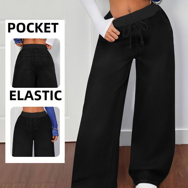 TEMU Jeans Femme Noir Pur Taille Haute Élastique, Denim Non Extensible pour Maison et Sortie, 25AW+ Taille Élastique, Pantalon Long Droit Tendance Mode