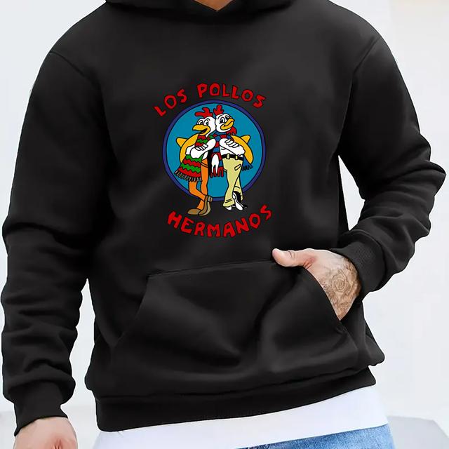 TEMU Los Pollos Grafik-Print Hoodie - Lässiger Strickstoff Langarm Kapuzenpullover mit geometrischem Muster, 100 % Polyester, leicht dehnbar, lockere Passform für alle Jahreszeiten