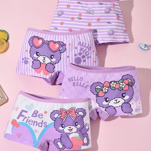TEMU 4-pack, Girls' Cartoon Bear Mermaid Print Panties, Purple Cute Briefs