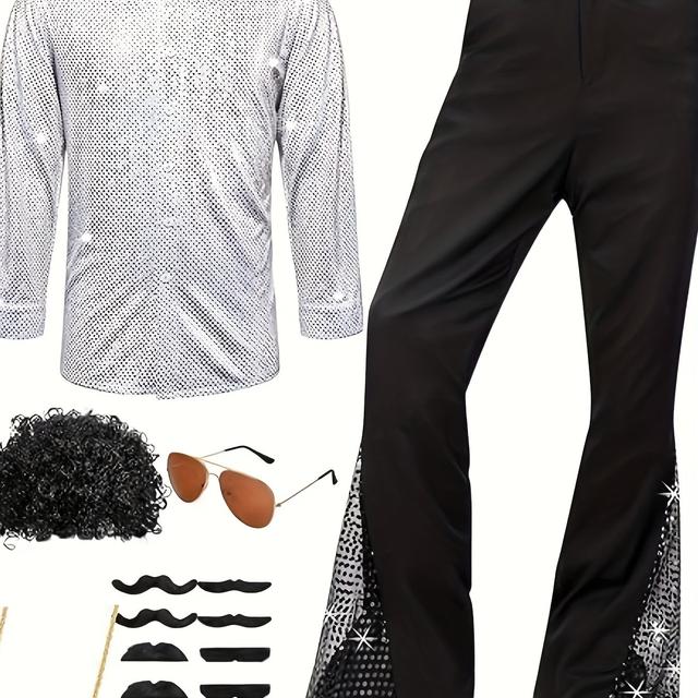 TEMU Neues Herren 70er Disco-Outfit: Glänzendes Hemd Schlaghose Zweiteiler