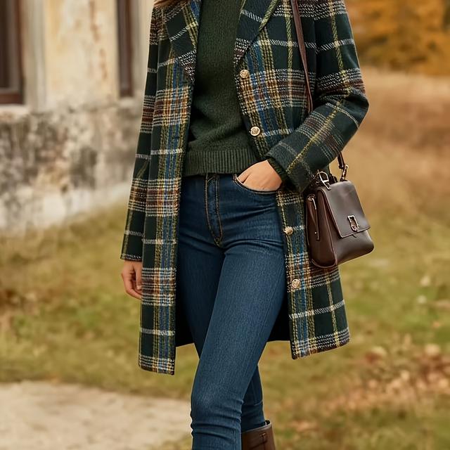 TEMU Schicker kariertes Mantel mit Knöpfen für Herbst und Winter für Damen
