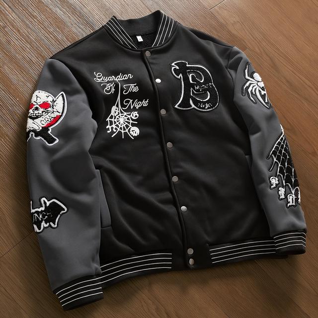 TEMU Herren Trendige Bestickte Buchstaben Baseballjacke - Schwarz & Grau Patchwork mit Rotatorärmeln, Herbst/Winter Mode, Polyester, Knopfleiste, Maschinenwaschbar