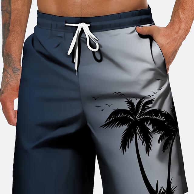 TEMU Gradient Coconut Tree Men's Chic Daily Vacation Drawstring Beach Shorts With Pockets, Single Layer Shorts Without Mesh Lining