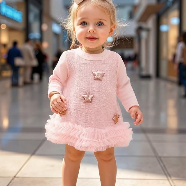TEMU And Autumn Baby Girl Dress Little Girl Sweet Solid Color Long-sleeved Cute Star Wooden Ear Edge Children's Clothing