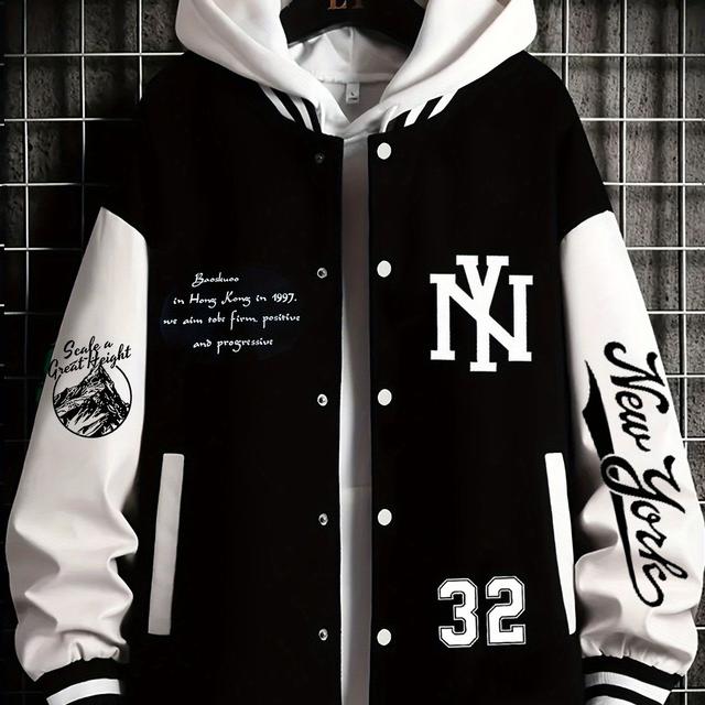 TEMU Men's Casual Sports Jacket - Trendy New Letter Geometric Print, Button Closure, Multi-functional Outerwear, Comfortable & Retractable Fabric, Warm!