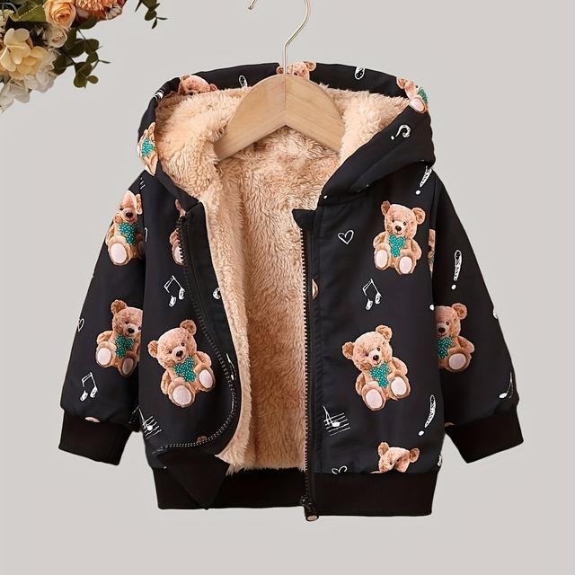 TEMU Girls' Teddy Bear Print Fleece-lined Thickened Hooded Jacket