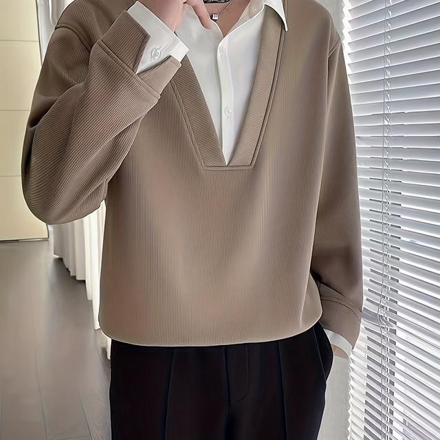 TEMU 【2025年春秋新作】ポロウェットシャツ メンズ 春秋 トレンド ブランド デザイン フェイクツーピース ボトムシルバーシャツ トレンド カジュアル ライト スタイル メンズ トップス