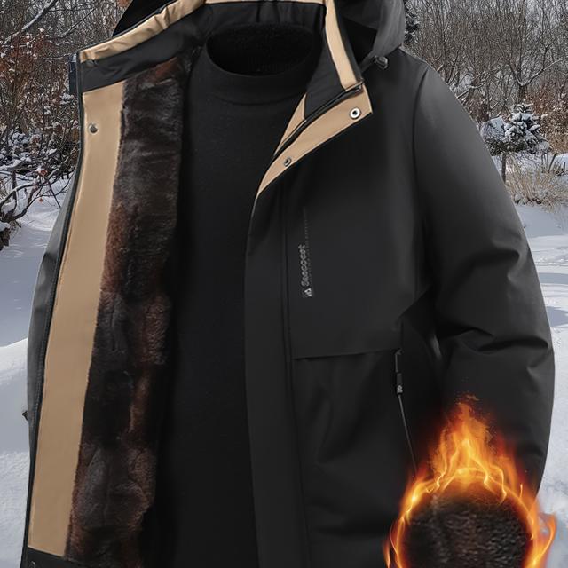 TEMU Men's Hooded Fleece Jacket, Thickened Warm Outerwear For Winter, Featuring Multiple Pockets, Breathable Fabric Without Stretch, Detachable Hood, Suitable For Outdoor Leisure And Sports In Winter