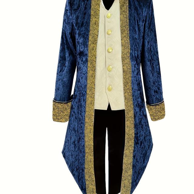 TEMU Men's Vintage Velvet Tuxedo With Embroidery - Long Sleeve, Court Style For Stage Performances & Halloween Costumes